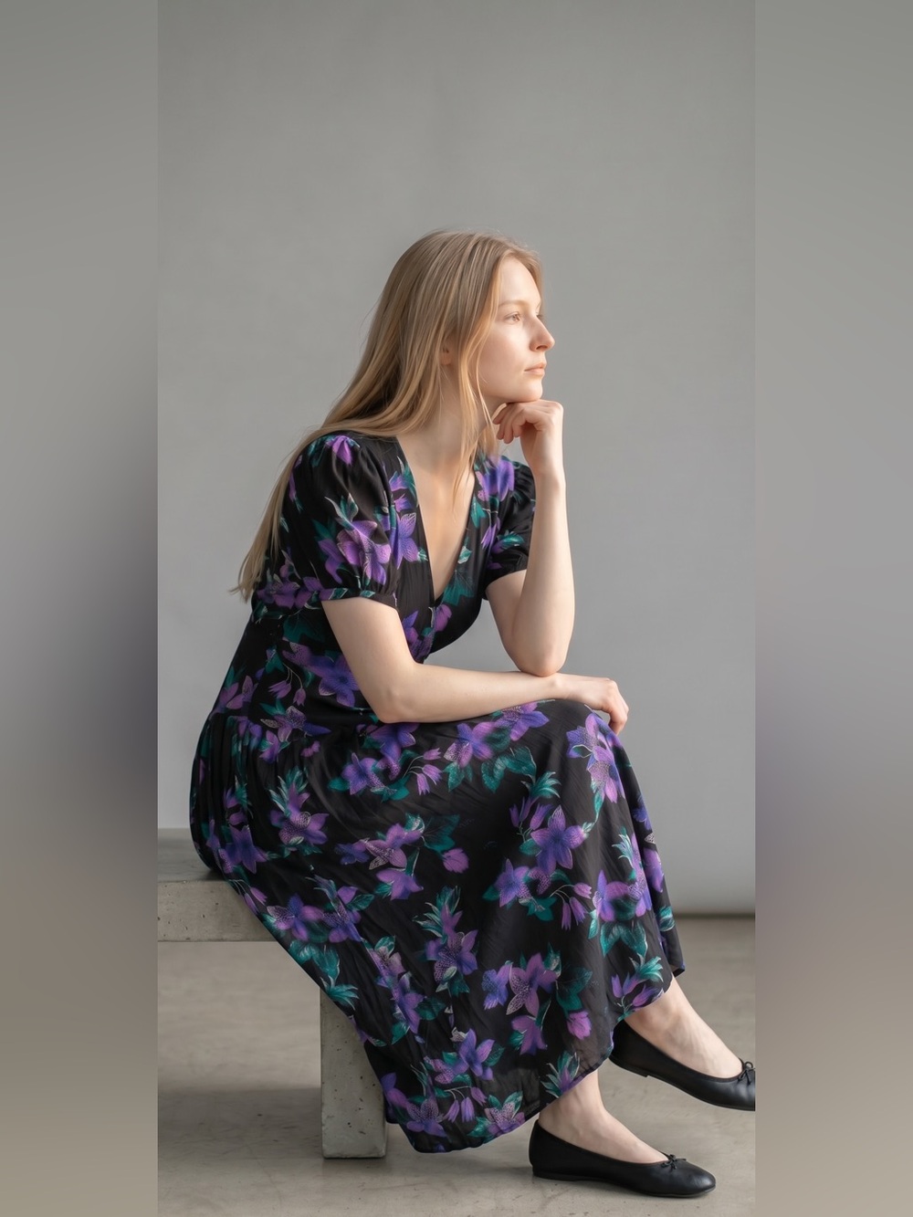 Vintage Handmade Black Floral Midi Dress with Purple Blossoms A-line button Back